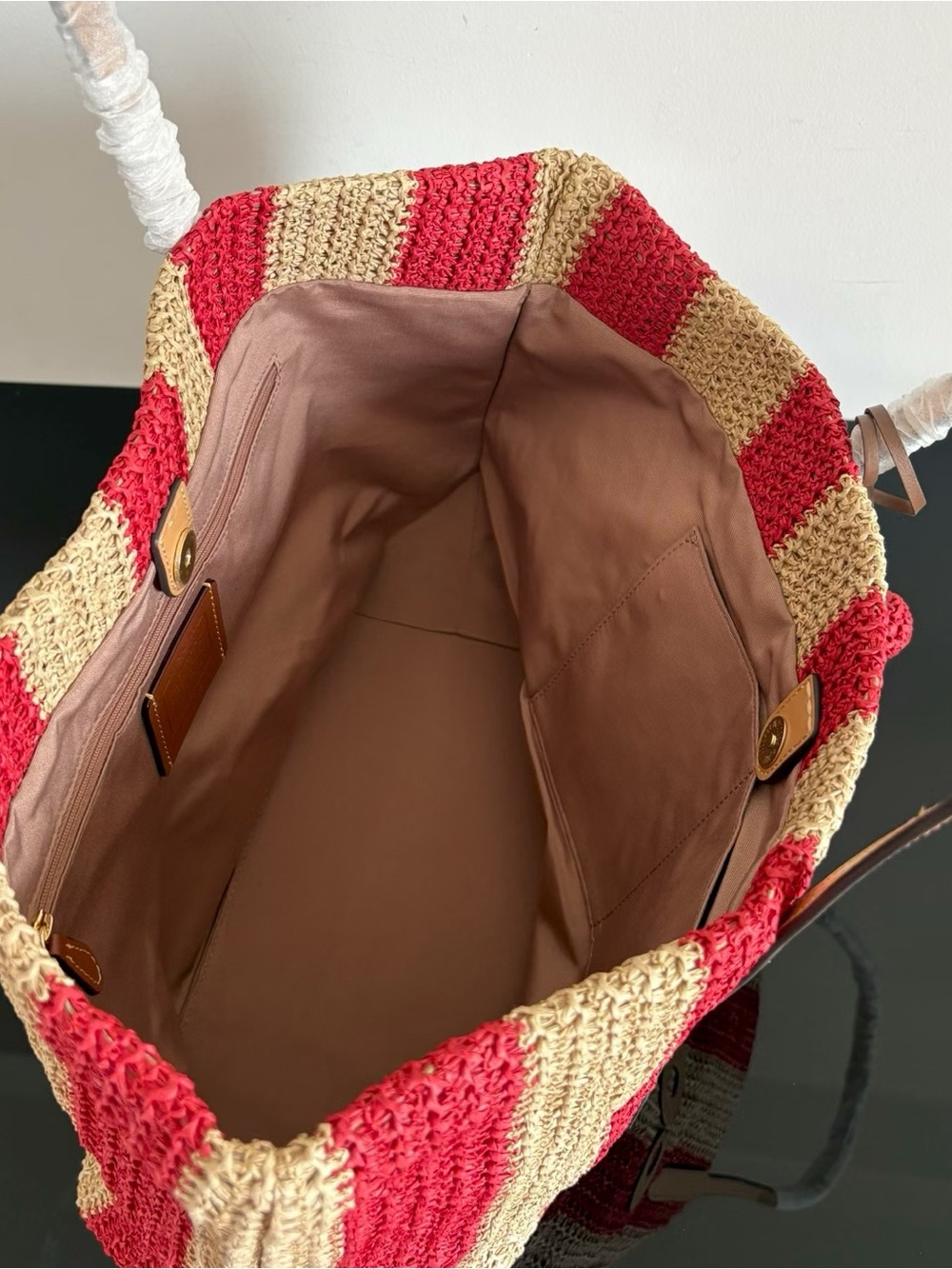 Coach Red and Natural Striped Straw Tote with Leather Handles - Picture 7 of 8